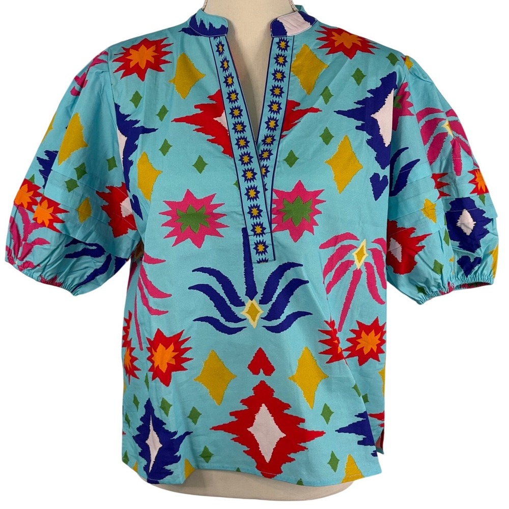 Maude Vivante‎ Raya Aqua Ikat Cotton Puff Sleeve Split Neck Top MD-2559 XL NEW